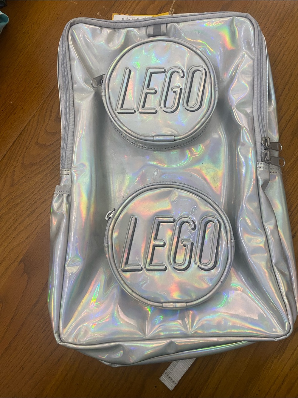 Lego Holographic Silver Backpack with Round Logo Pockets NWT